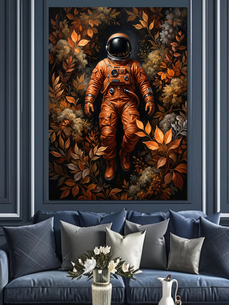 Turuncu Tulumlu Astronot ve Sonbahar Yapraklı Ormanda Kanvas Tablo