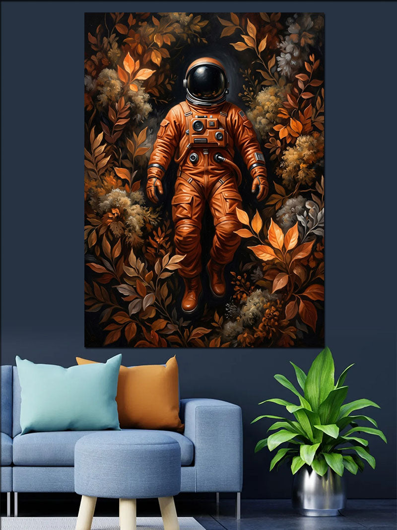 Turuncu Tulumlu Astronot ve Sonbahar Yapraklı Ormanda Kanvas Tablo