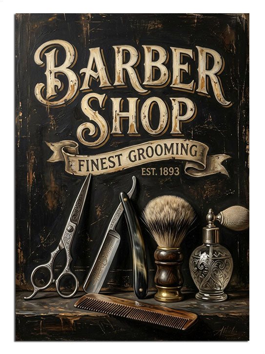 BARBER SHOP FINEST GROOMING ve makaslı ve fırçalı tabela