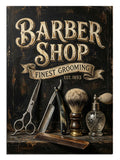 BARBER SHOP FINEST GROOMING ve makaslı ve fırçalı tabela