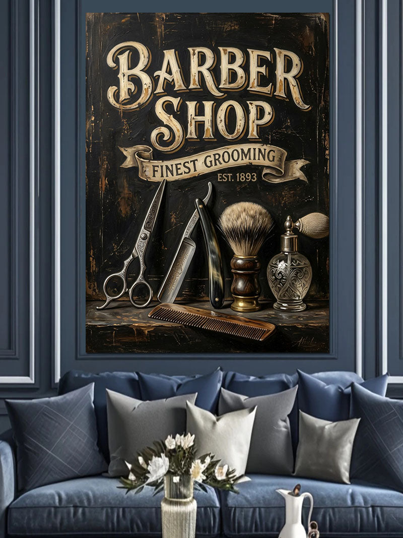 BARBER SHOP FINEST GROOMING Makaslı Tabela Kanvas Tablo