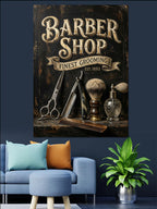 BARBER SHOP FINEST GROOMING Makaslı Tabela Kanvas Tablo