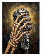 İskelet eliyle mikrofon tutan ve ışıklı ve dumanlı