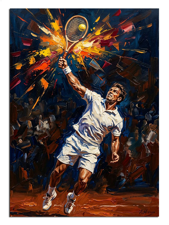 Tenis raketiyle smaç vuran ve beyaz formalı ve ateşli adam