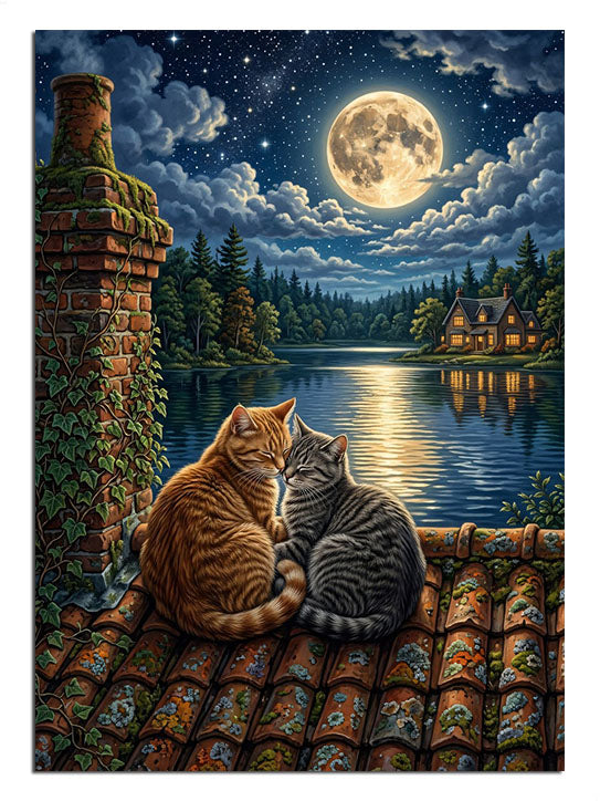 Dolunaylı çatıda oturan iki kedi ve göl manzaralı gece
