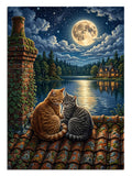 Dolunaylı çatıda oturan iki kedi ve göl manzaralı gece