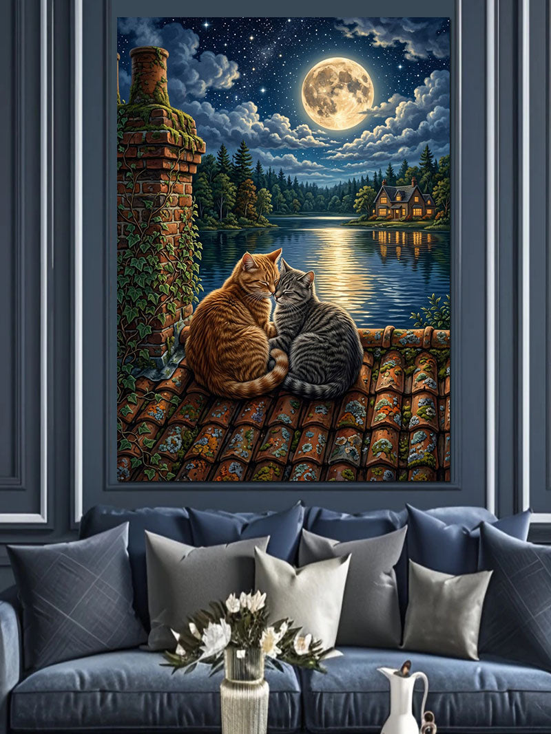 Dolunaylı Çatıda Oturan İki Kedi Gece Kanvas Tablo