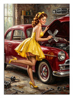 Kırmızı arabayı tamir eden ve sarı elbiseli ve garajlı pin-up kadın