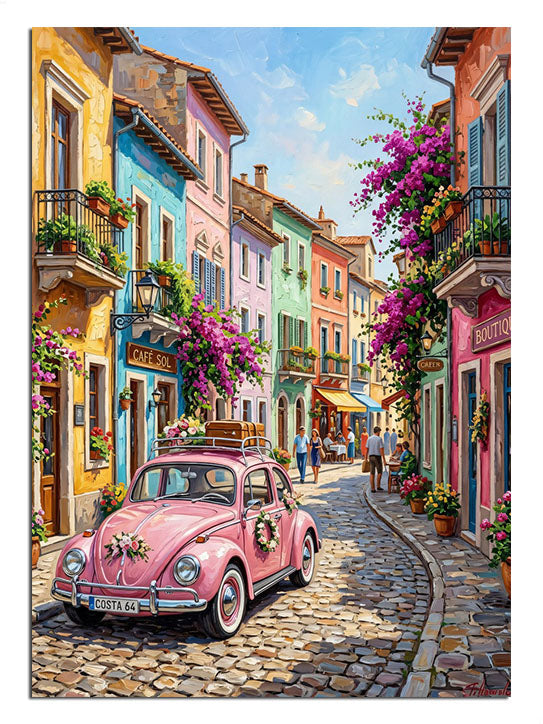Pembe vosvos ve renkli evli ve çiçekli ve taş sokak