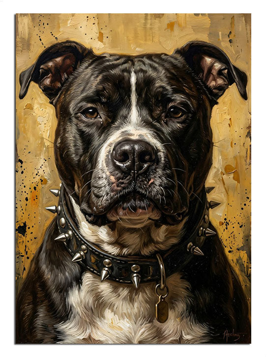 Pitbull siyah ve tasmalı ve dikenli ve kolyeli