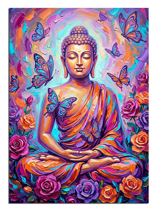 Kelebekli ve güllü ve renkli ve meditasyon yapan Buda heykeli