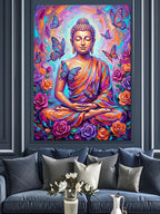 Kelebekli ve Güllü ve Renkli Buda Heykeli Meditasyon Yapan Kanvas Tablo