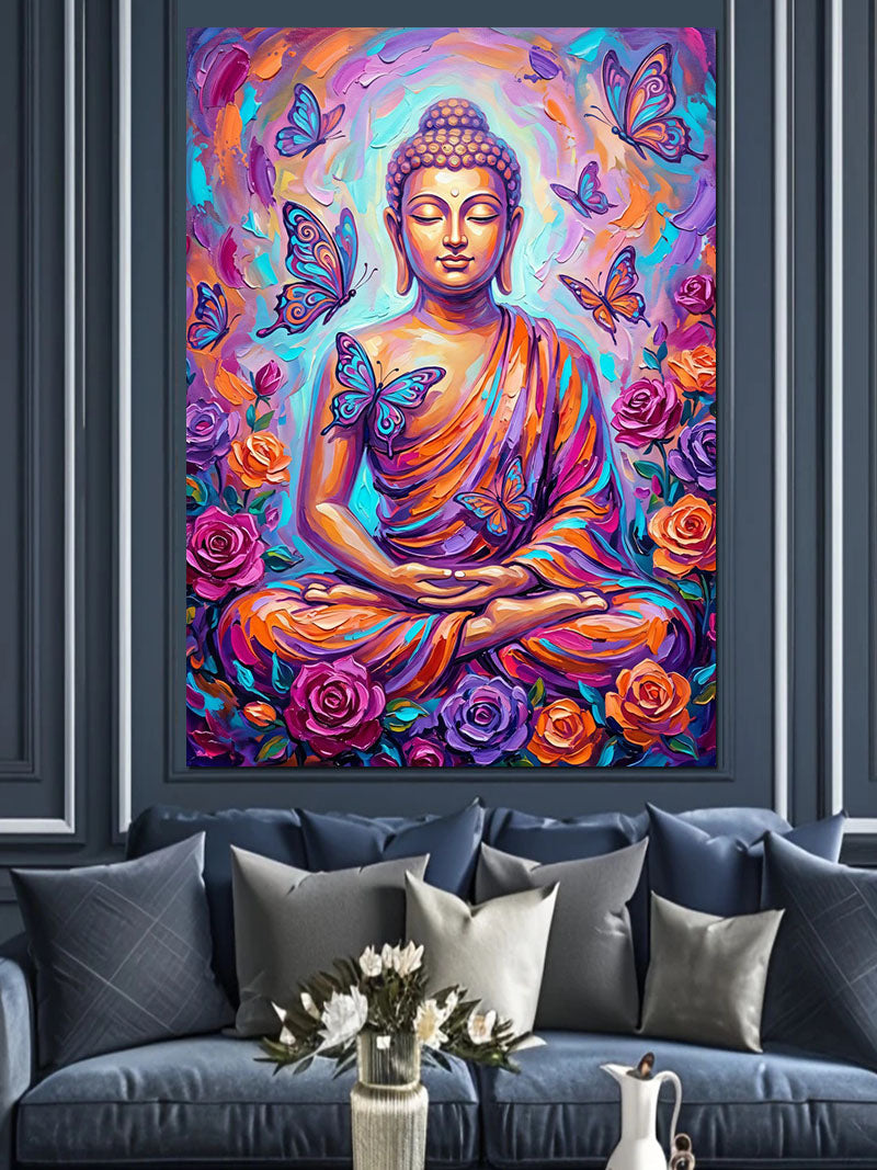 Kelebekli ve Güllü ve Renkli Buda Heykeli Meditasyon Yapan Kanvas Tablo