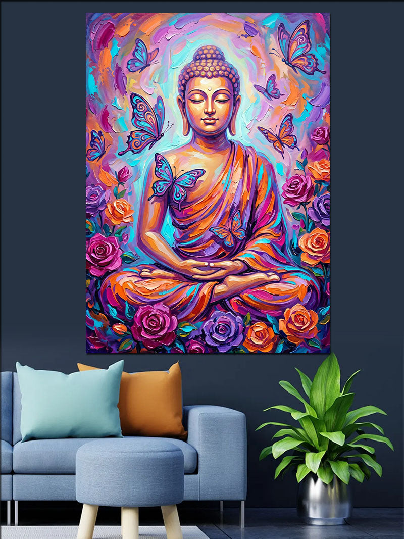 Kelebekli ve Güllü ve Renkli Buda Heykeli Meditasyon Yapan Kanvas Tablo