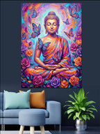 Kelebekli ve Güllü ve Renkli Buda Heykeli Meditasyon Yapan Kanvas Tablo