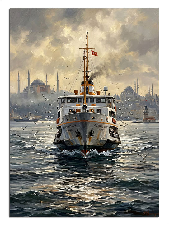 Boğaz ve vapur ve sisli ve İstanbul ve camili manzarası