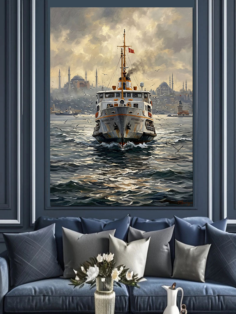 Boğaz ve Vapur ve Sisli ve İstanbul Manzarası Kanvas Tablo