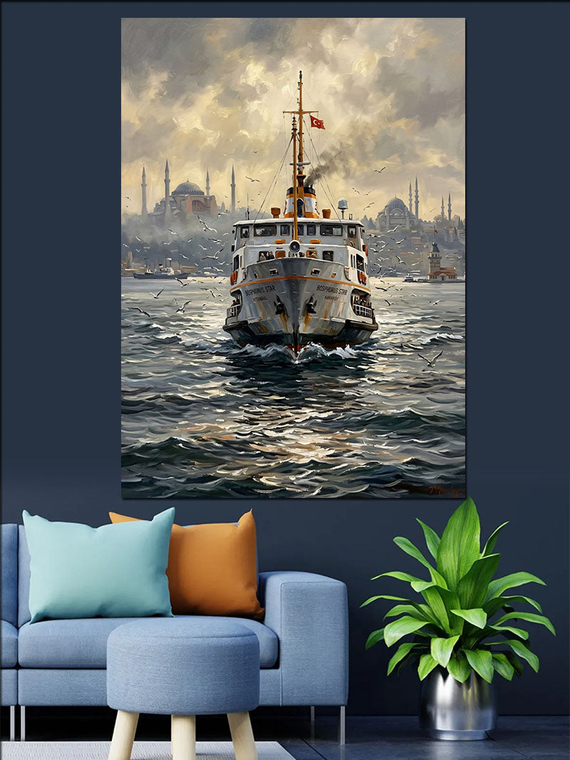 Boğaz ve Vapur ve Sisli ve İstanbul Manzarası Kanvas Tablo