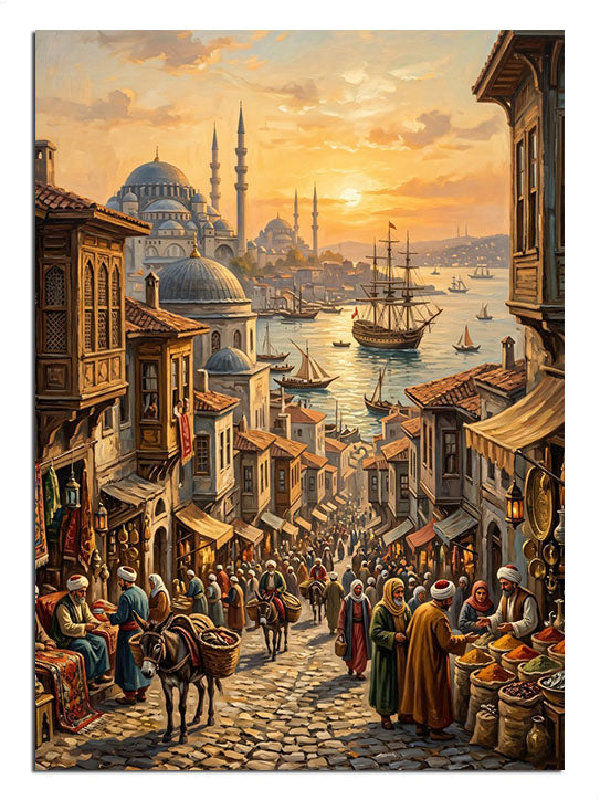 Boğaz ve tarihi ve kalabalık ve İstanbul ve camili sokak manzarası