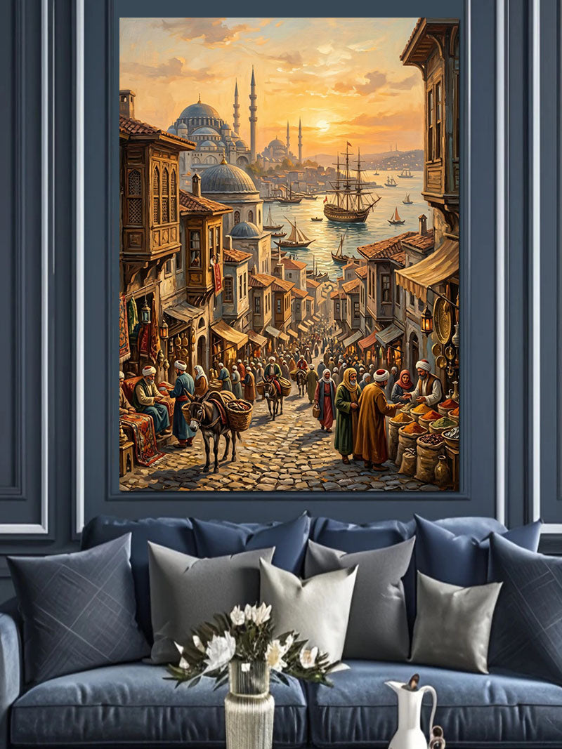 Boğaz ve Tarihi ve Kalabalık ve İstanbul Sokak Manzarası Kanvas Tablo