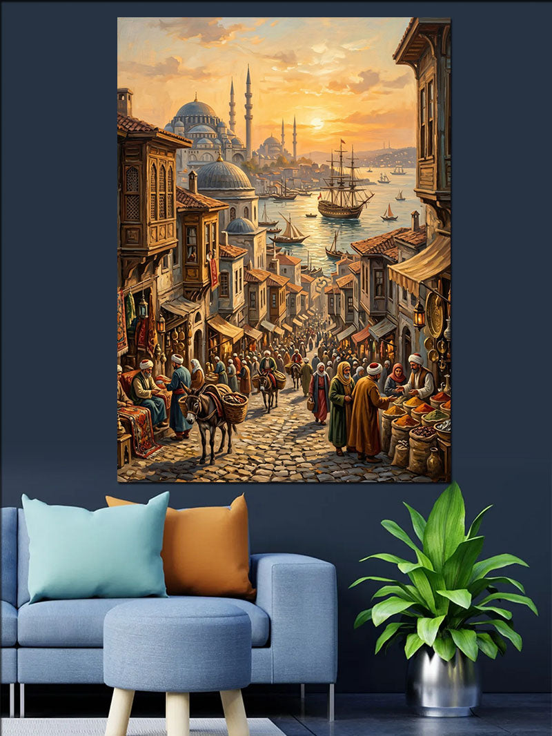Boğaz ve Tarihi ve Kalabalık ve İstanbul Sokak Manzarası Kanvas Tablo
