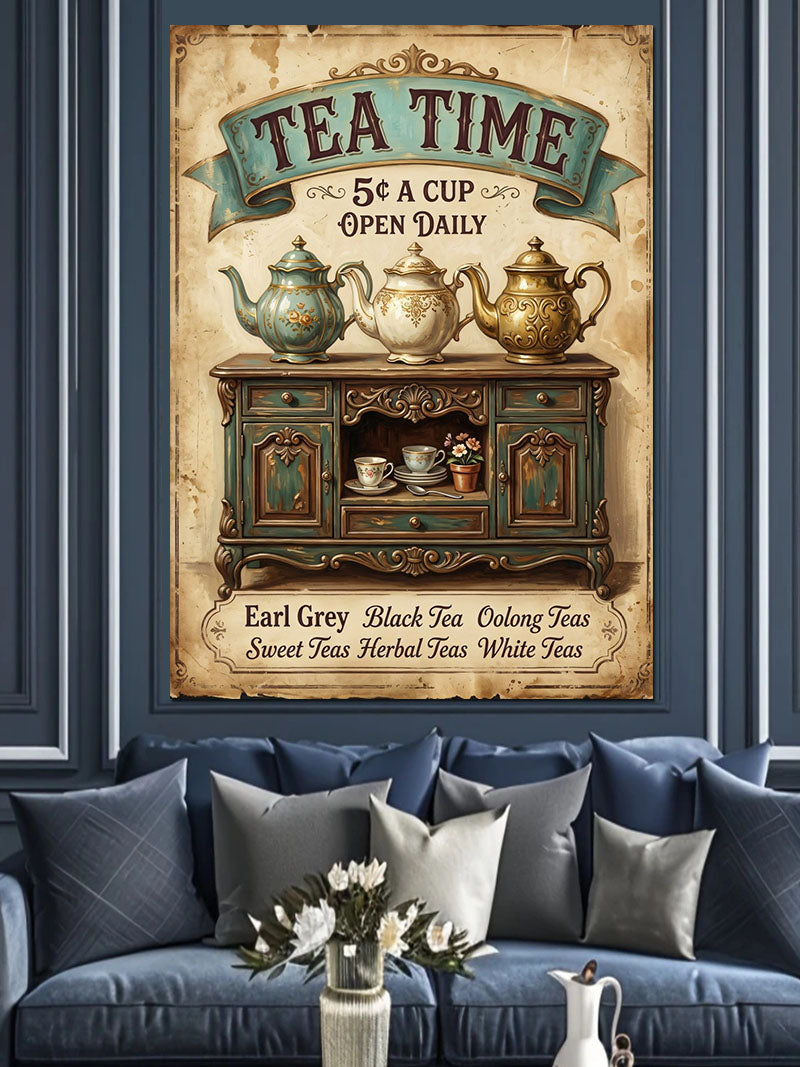 TEA TIME Çaydanlıklı ve Dolaplı Vintage Poster Kanvas Tablo