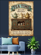 TEA TIME Çaydanlıklı ve Dolaplı Vintage Poster Kanvas Tablo