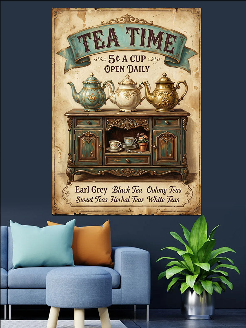 TEA TIME Çaydanlıklı ve Dolaplı Vintage Poster Kanvas Tablo