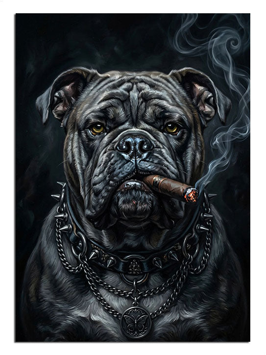 Puro içen ve zincirli ve dumanlı siyah bulldog
