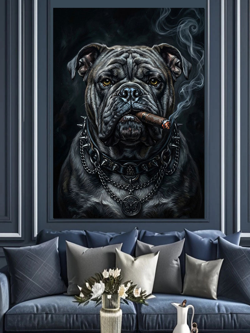 Puro İçen ve Zincirli Siyah Bulldog Kanvas Tablo