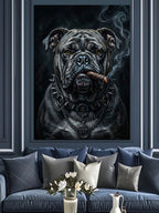 Puro İçen ve Zincirli Siyah Bulldog Kanvas Tablo