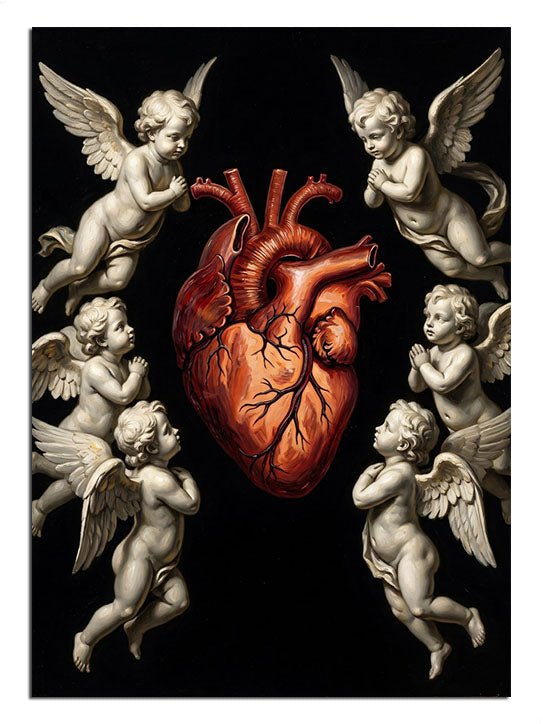Meleklerle çevrili ve gerçekçi ve anatomik insan kalbi