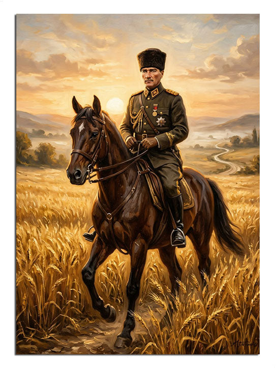 Buğday tarlasında atlı ve kalpaklı ve asker kıyafetli Atatürk
