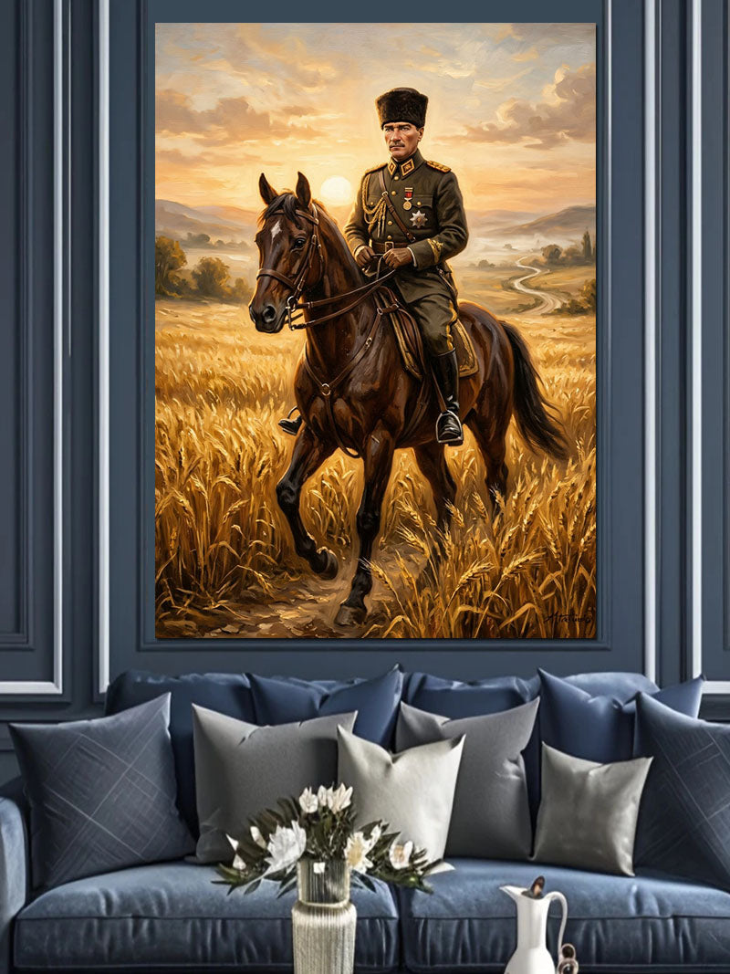 Buğday Tarlasında Atlı ve Kalpaklı Atatürk Kanvas Tablo