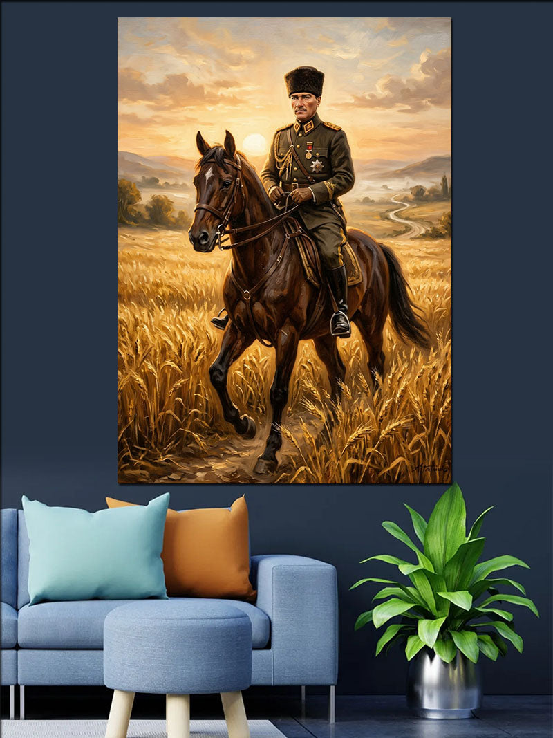 Buğday Tarlasında Atlı ve Kalpaklı Atatürk Kanvas Tablo