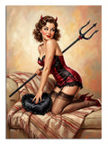 Yerde yatan ve kırmızı iç çamaşırlı ve şeytan boynuzlu ve çatal tutan pin-up kadın
