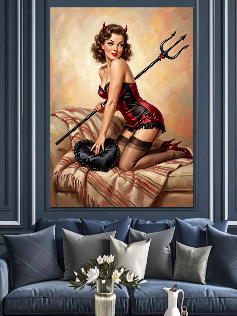 Yerde Yatan ve Kırmızı İç Çamaşırlı ve Şeytan Boynuzlu Pin-up Kadın Kanvas Tablo