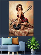 Yerde Yatan ve Kırmızı İç Çamaşırlı ve Şeytan Boynuzlu Pin-up Kadın Kanvas Tablo
