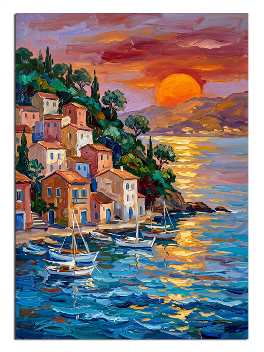 Gün batımında renkli ve sahil kasabası ve deniz ve güneşli manzarası