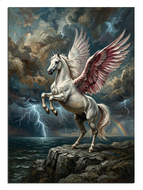 Kayalıkta kanatlı beyaz Pegasus ve deniz ve şimşekli