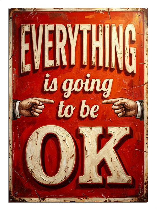 EVERYTHING IS GOING TO BE OK yazılı ve vintage ve kırmızı tabela