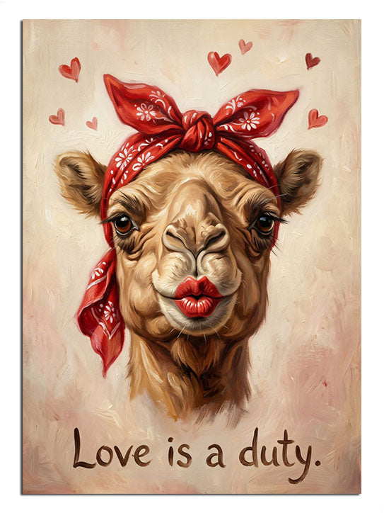 Bandanalı ve rujlu ve kalp ve LOVE IS A DUTY yazılı deve