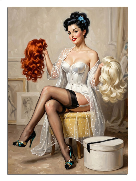 Peruk tutan ve iç çamaşırlı ve sandalyede oturan sarışın pin-up kadın