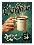 Coffee Hot and Delicious ve kahve fincanı tutan ve buharlı el