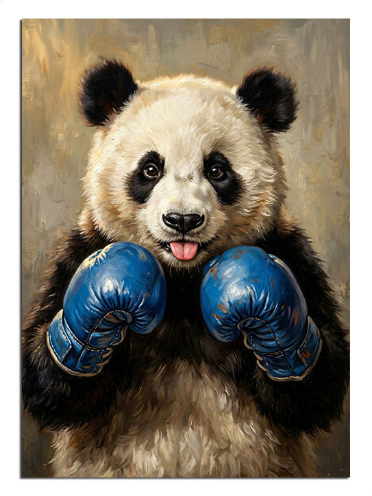 Mavi boks eldivenli ve sevimli ve dili dışarıda panda