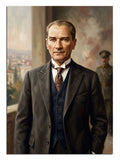 Balkonda takım elbiseli ve kravatlı Atatürk portresi