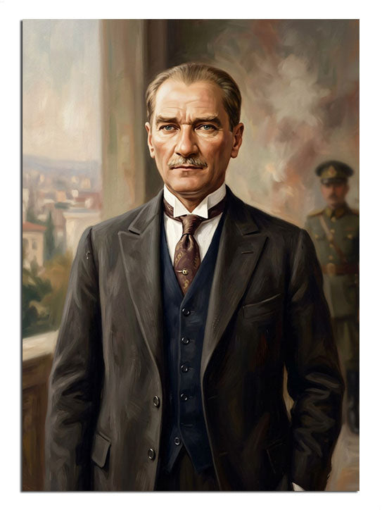 Balkonda takım elbiseli ve kravatlı Atatürk portresi