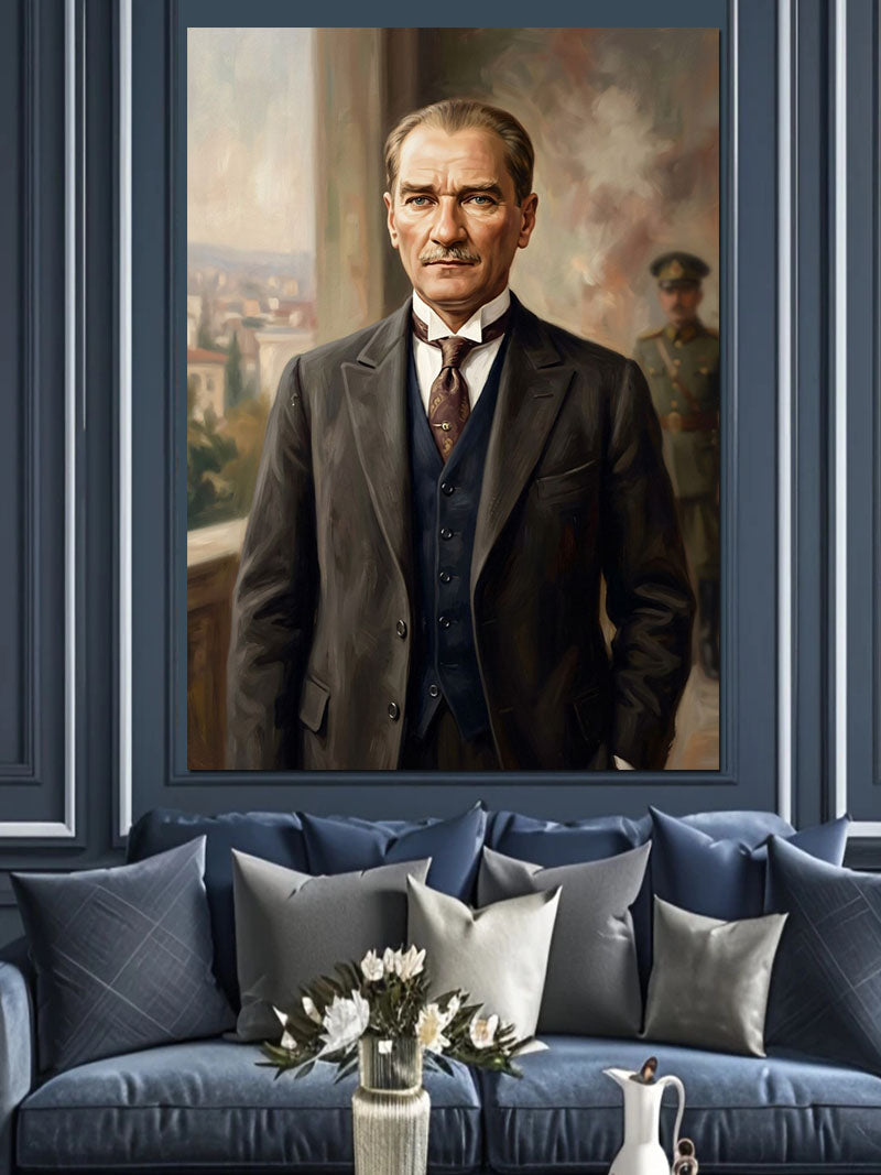 Balkonda Takım Elbiseli Atatürk Portresi Kanvas Tablo
