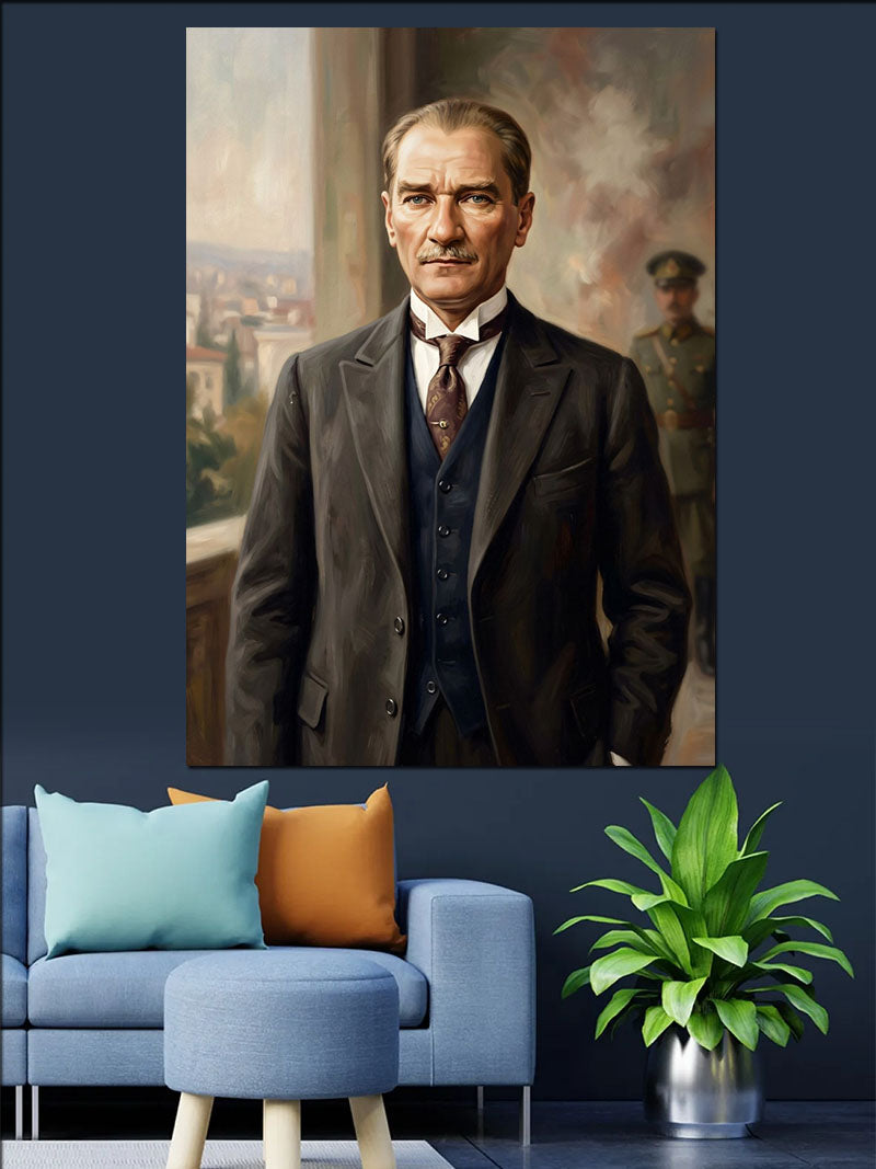 Balkonda Takım Elbiseli Atatürk Portresi Kanvas Tablo