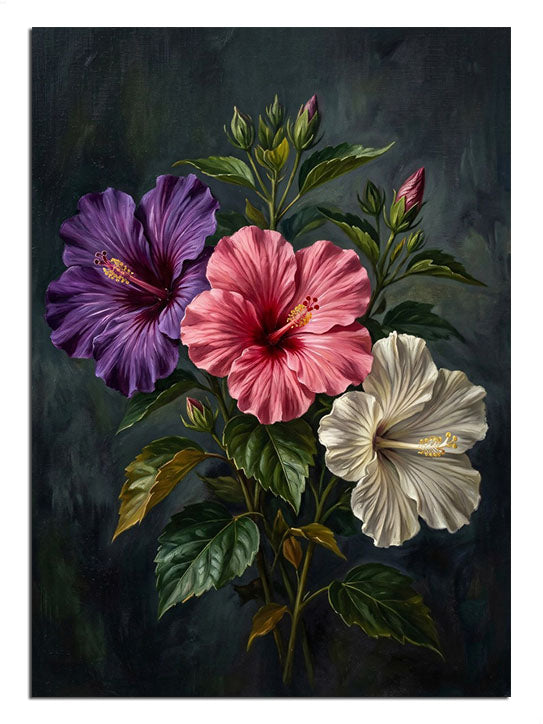Mor ve pembe ve beyaz hibiskus üç çiçek